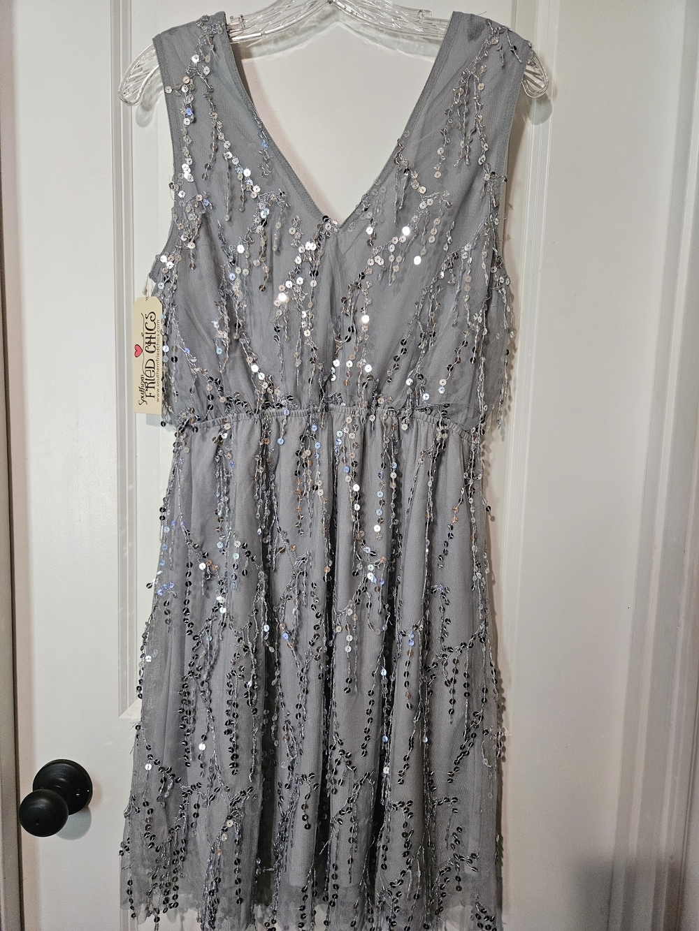 Sequin-Embellished V-Neck Midi Dress in Silver